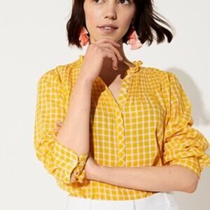J. Crew Blouse Top Ruffled Popover Mini Window Pane Yellow Size XS NWOT